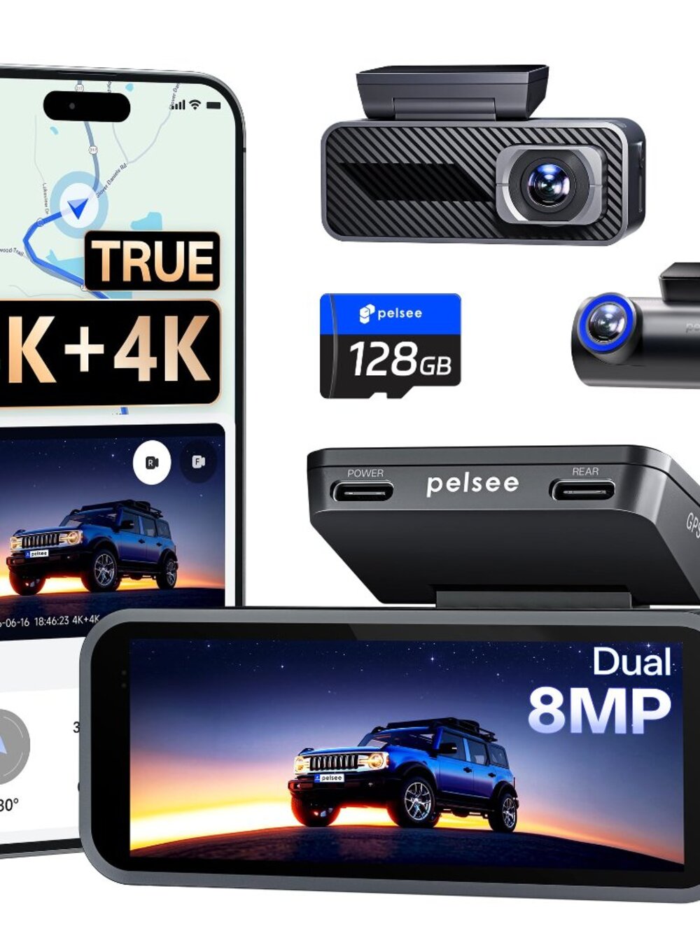 NEW Pelsee S1 Pro Native 4K + Dash Cam Front and Rear 8MP Dual HDR Camera for